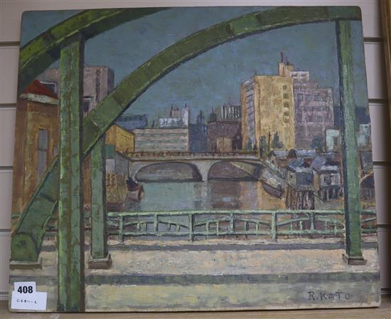 R. Kato (Japanese) oil on canvas, Cityscape, signed with label, 45 x 53cm, unframed